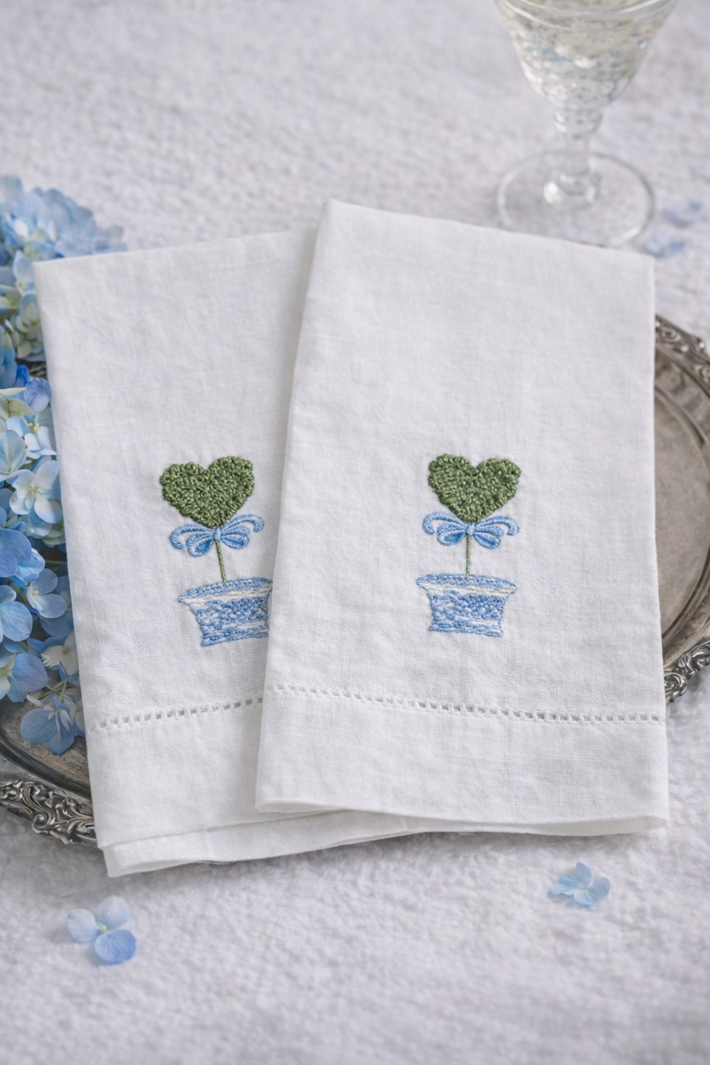 Topiary Heart Linen Tea Towel - Blue