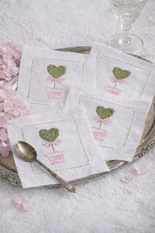 Topiary Heart Linen Cocktail Napkins - Pink