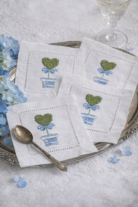 Topiary Heart Linen Cocktail Napkins - Blue